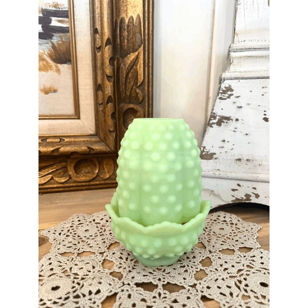 Vintage Fenton Green Satin Hobnail Fairy Lamp — 2 Piece Glass Candle Holder